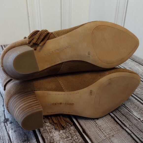 Lucky Brand NWOT Tan Suede Zakina Cuffed Fringe Ankle Boots Cowgirl Western Boho - Picture 9 of 13